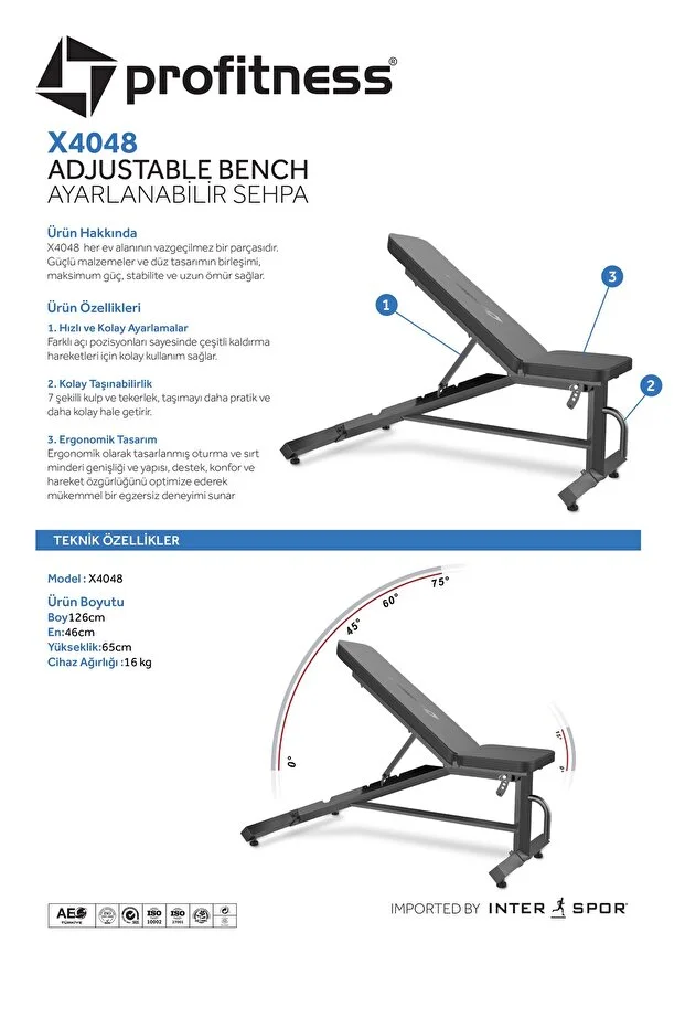 Profitness X4048 Ayarlanabilir Mekik Ağırlık Bench Sehpası (Koltuk Açısı ve Sırt Açısı Ayarlanabilir